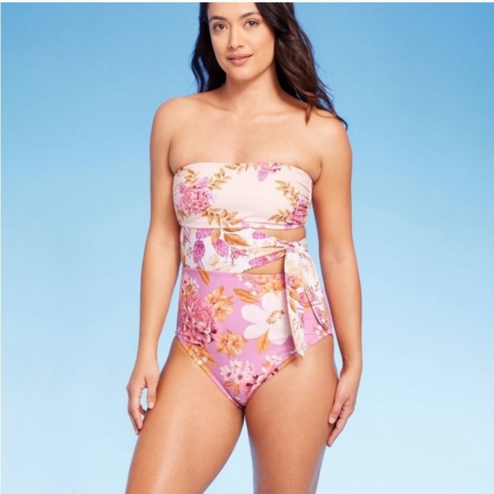 Kona Sol Pink Floral Strapless One-Piece Swimsuit